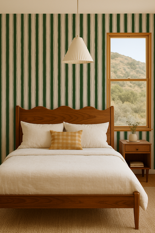 Riviera Stripe Wallpaper, off-white and dark green