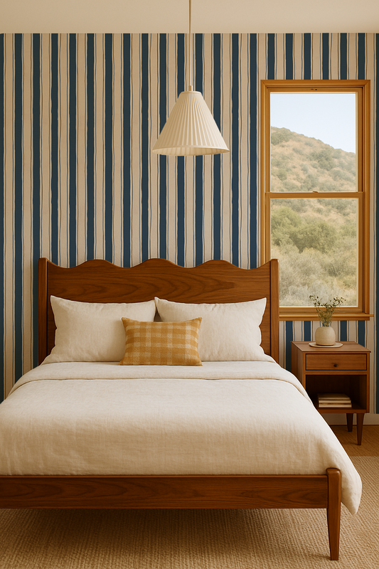 Riviera Stripe Wallpaper, off-white and navy