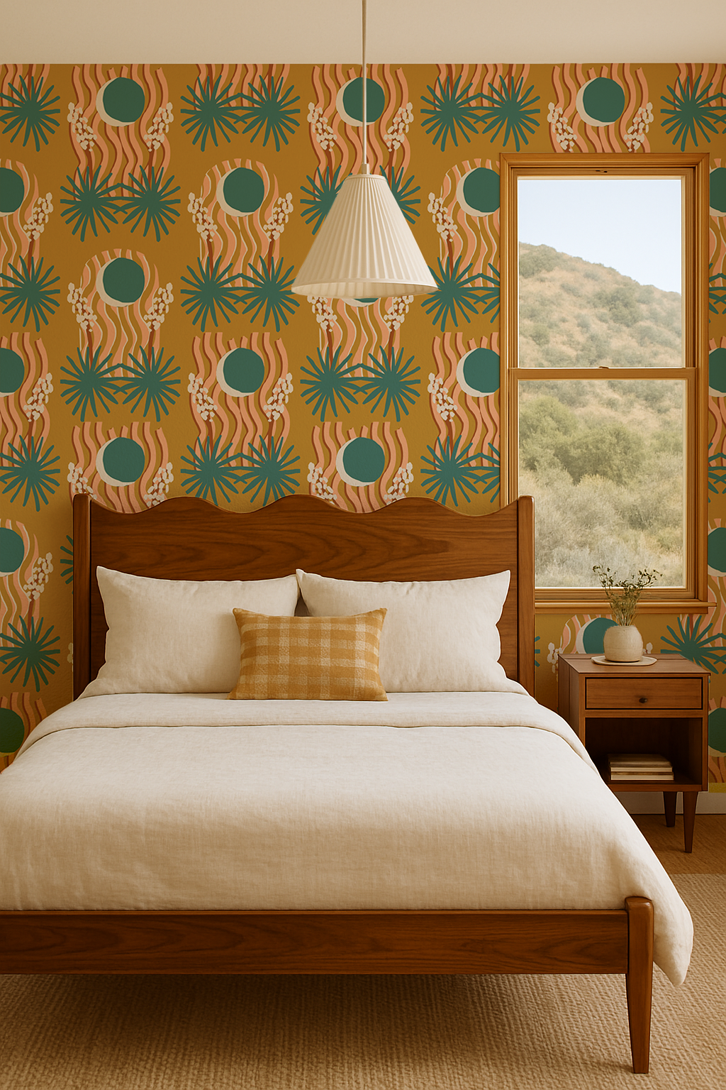 Yucca Moon Wallpaper, mustard and teal