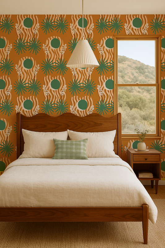 Yucca Moon Wallpaper, orange and green