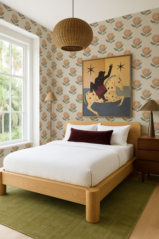 King Protea Wallpaper, neutral and apricot