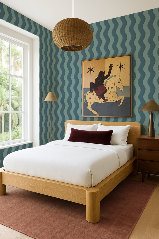 Ziggy Stripe Wallpaper, blue and light teal