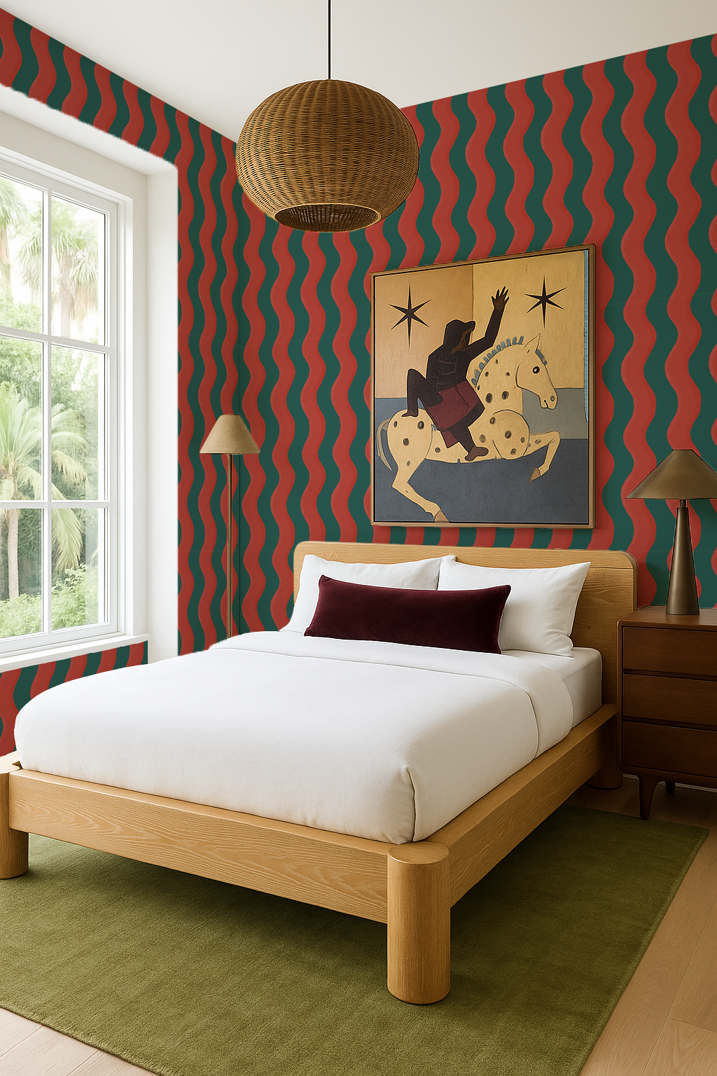 Ziggy Stripe Wallpaper, dark teal and brick red