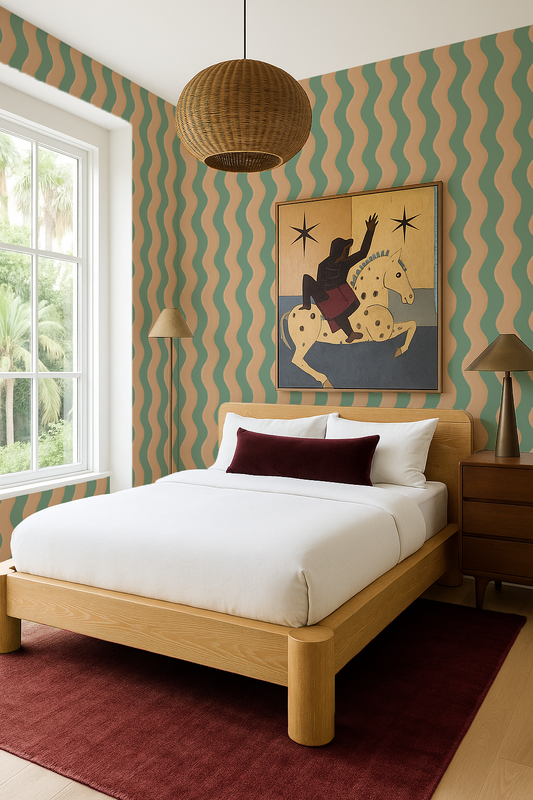 Ziggy Stripe Wallpaper, teal and apricot