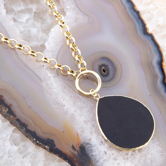 Black Onyx Teardrop Golden Chain Necklace