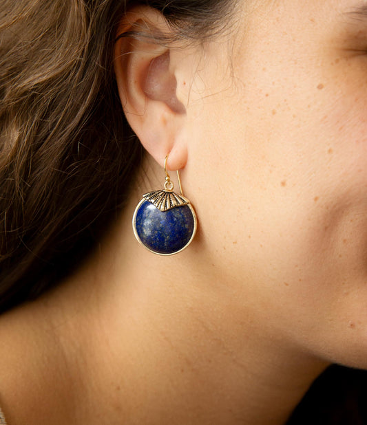 Blue Lapis Circle Golden Drop Earings