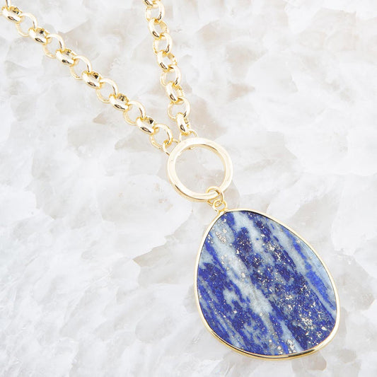 Blue Lapis Slab Pendant Golden Necklace