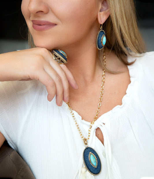 Stacked Blue Turquoise and Denim Golden Pendant Necklace