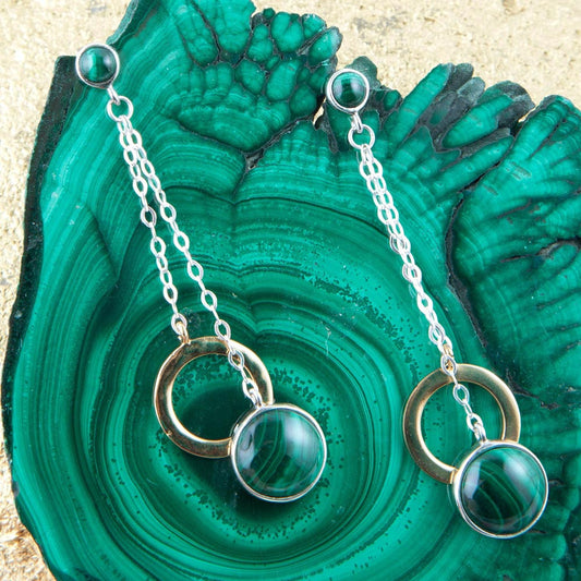 Circle Green Malachite and Two-Toned Metal Dangle Earrings