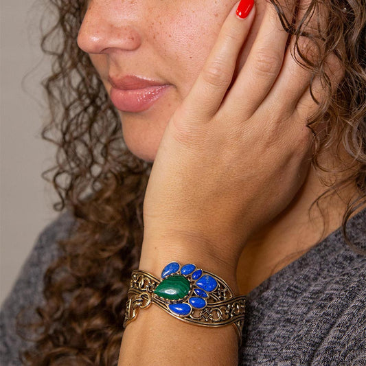 Cognate Green Malachite and Blue Lapis Golden Cuff Bracelet