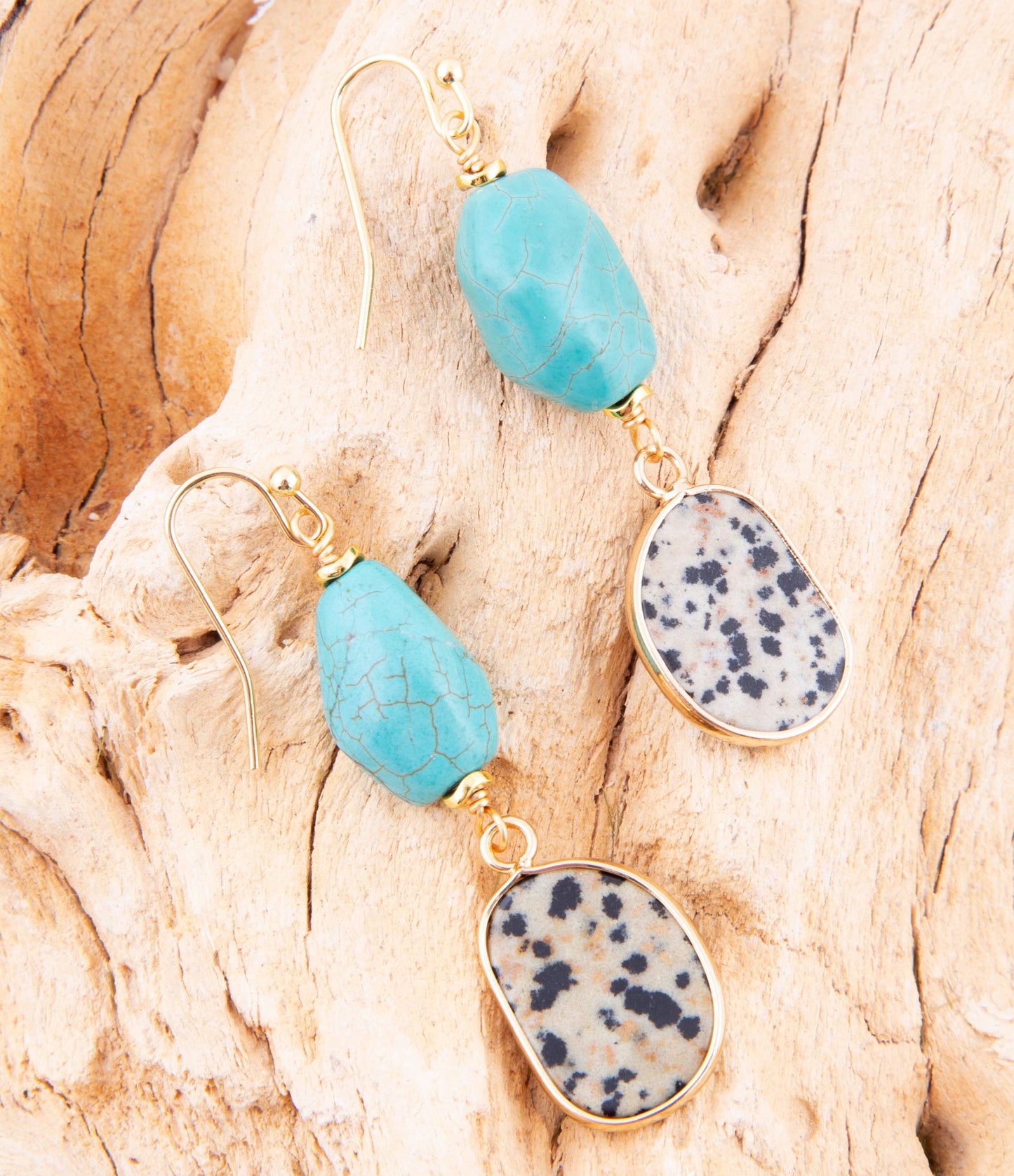 Dalmatian Jasper Blue Magnesite Golden Drop Earrings