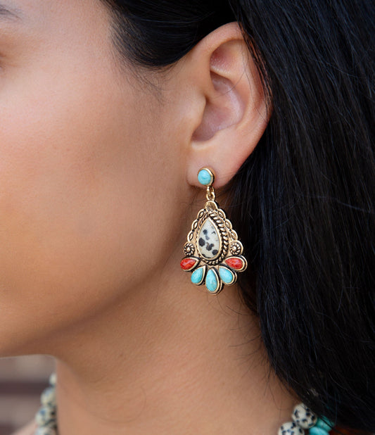 Dalmatian Jasper Colorful Golden Drop Earrings