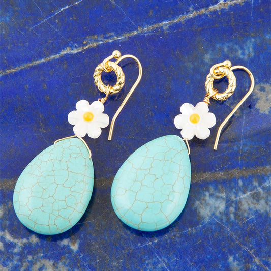 Dani Blue Turquoise Magnesite Flower Golden Drop Earrings