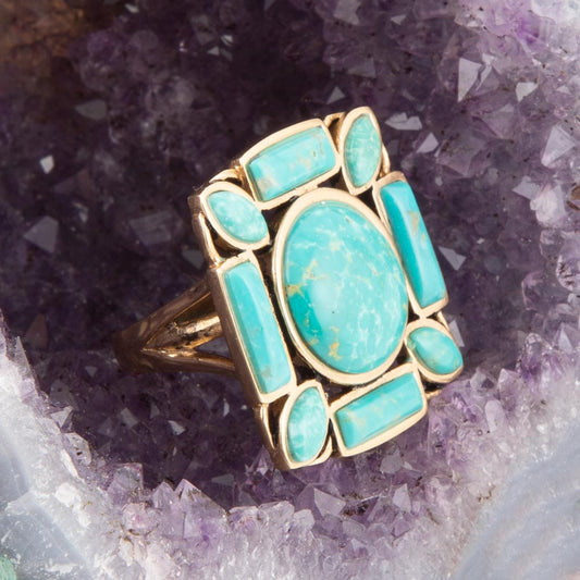 Deco Green Turquoise Golden Statement Ring