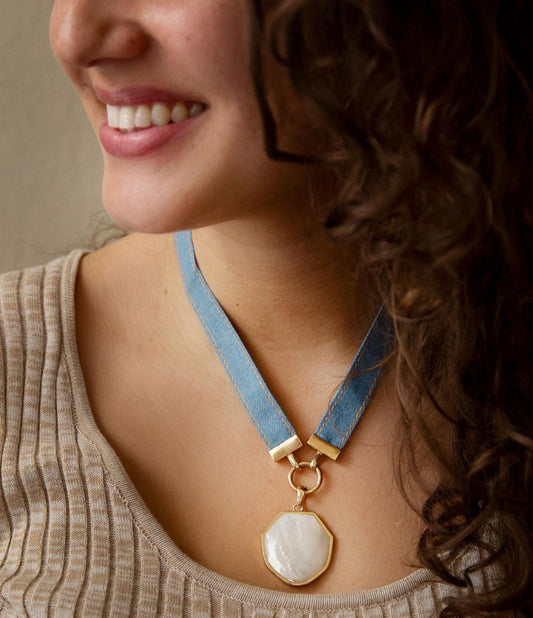 Blue Denim Dreams White Mother of Pearl Ribbon Necklace