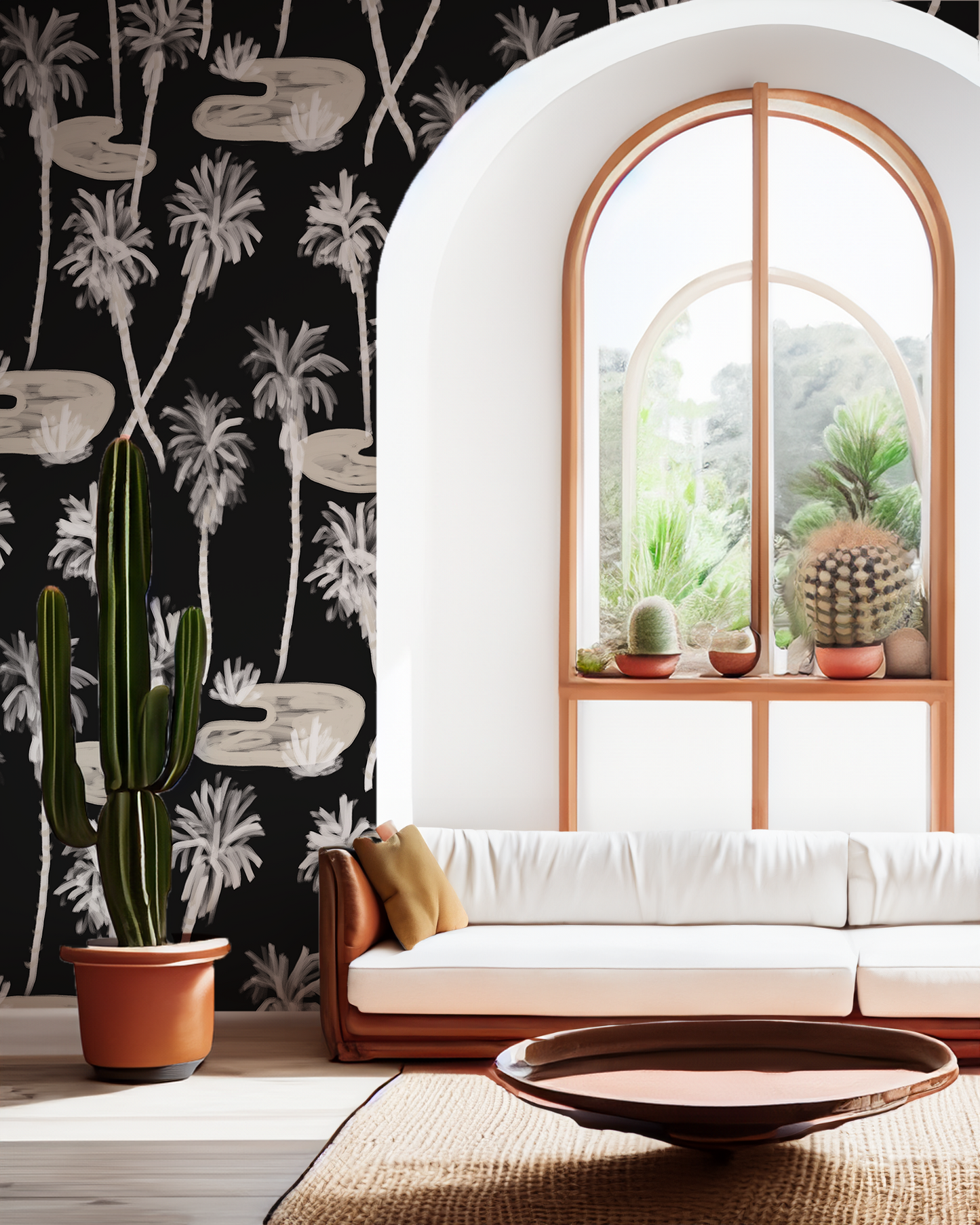 Palm Oasis Wallpaper, black and off-white