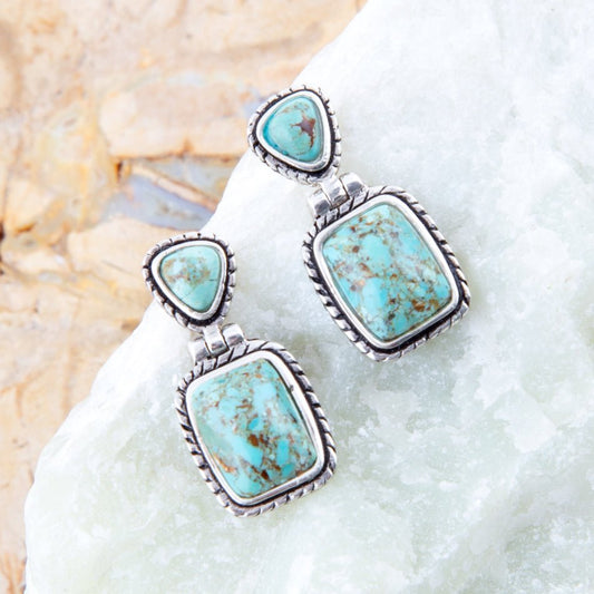 Detailed Blue Turquoise and Sterling Silver Drop Earrings