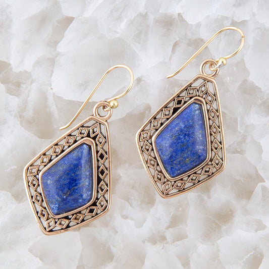 Dimond Blue Lapis Stone Golden Drop Earrings