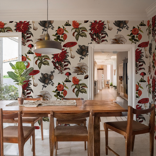 Shrooms Wallpaper, off-white and red