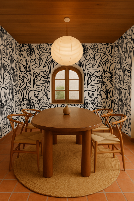 Inked Foliage Wallpaper, white and black