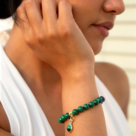 Dreamy Blue Lapis Green Malachite Charm Golden Bracelet