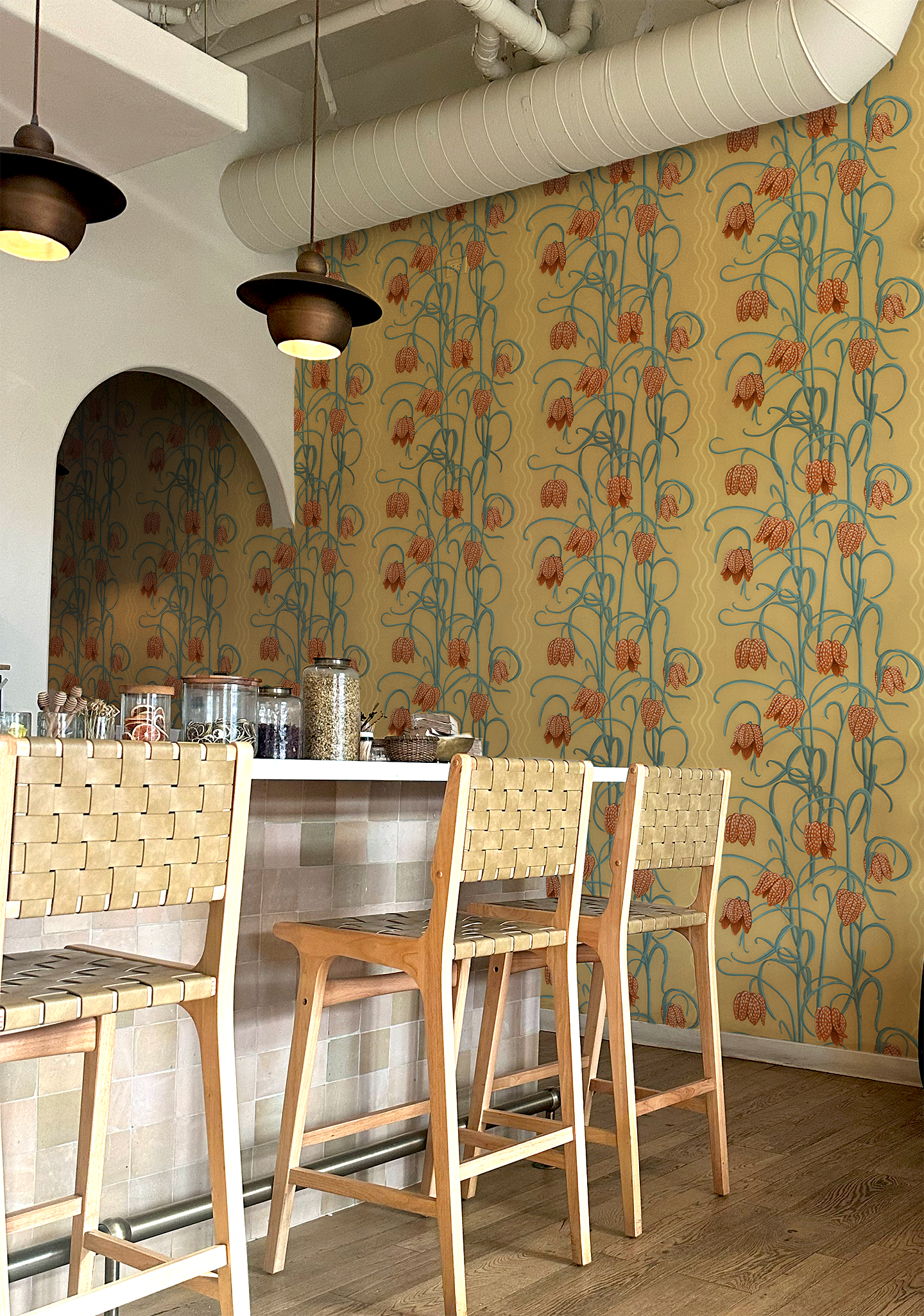 Campanas Wallpaper, butter yellow & slate blue