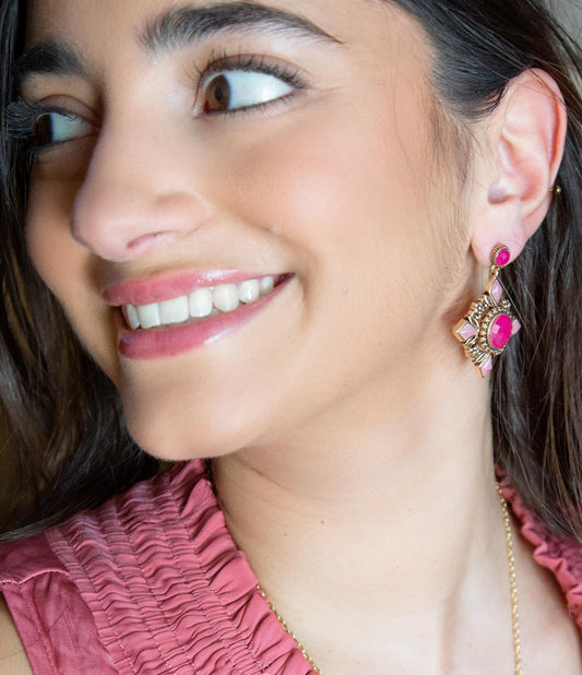 Embellished Pink Quartz Golden Post Drop Earrings