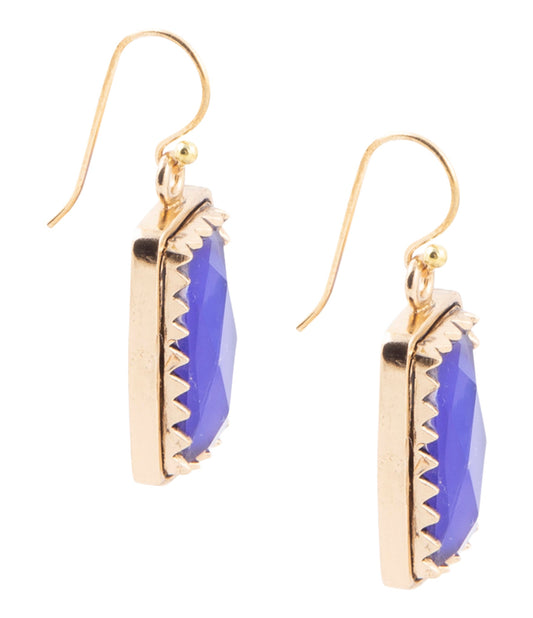 Filigreed Blue Agate Rectangular Shape Golden Drop Earrings