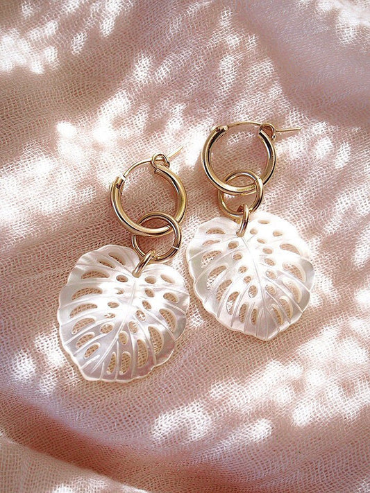 Gold Filled Latch Monstera Hoop Earrings - Makana