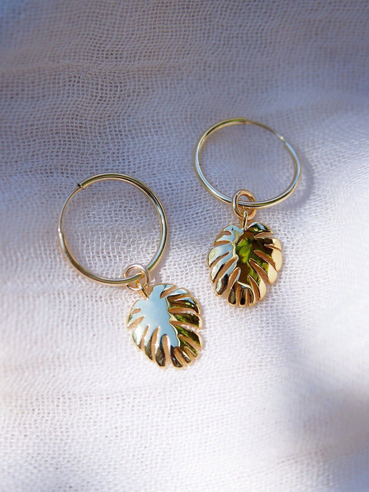 Gold Monstera Charm Huggie Hoop Earrings - Alohi