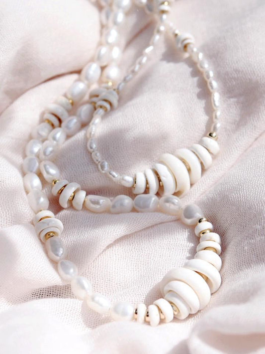 Gold Puka Shell Pearl Bead Necklace - Maka