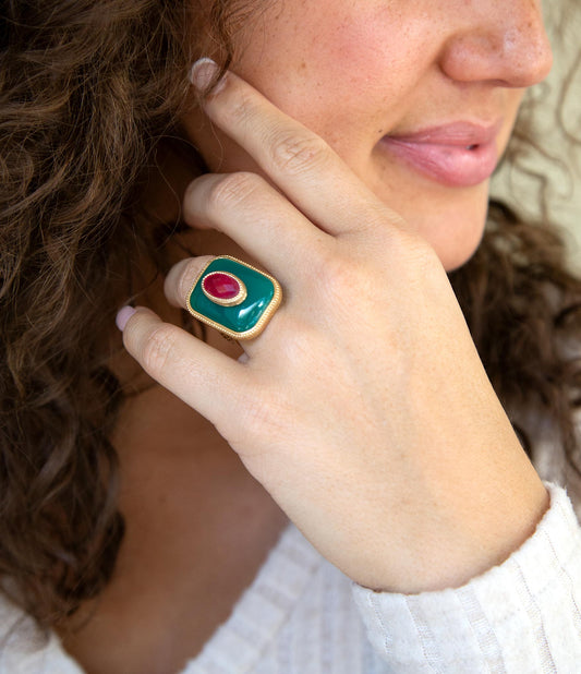 Green Onyx Stacked Red Stone Golden Statement Ring