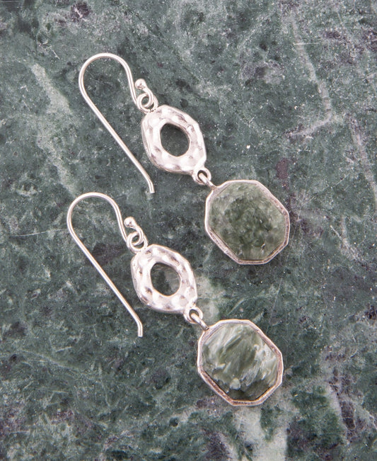 Hammered Green Seraphinite and Sterling Silver Drop Earrings
