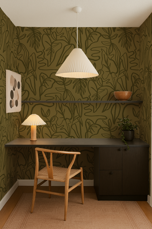 Inked Foliage Wallpaper, olive green