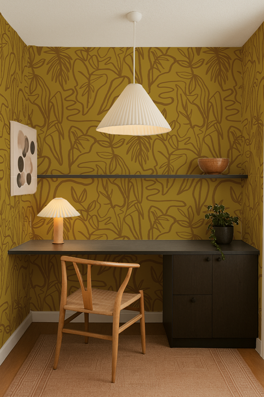Inked Foliage Wallpaper, mustard