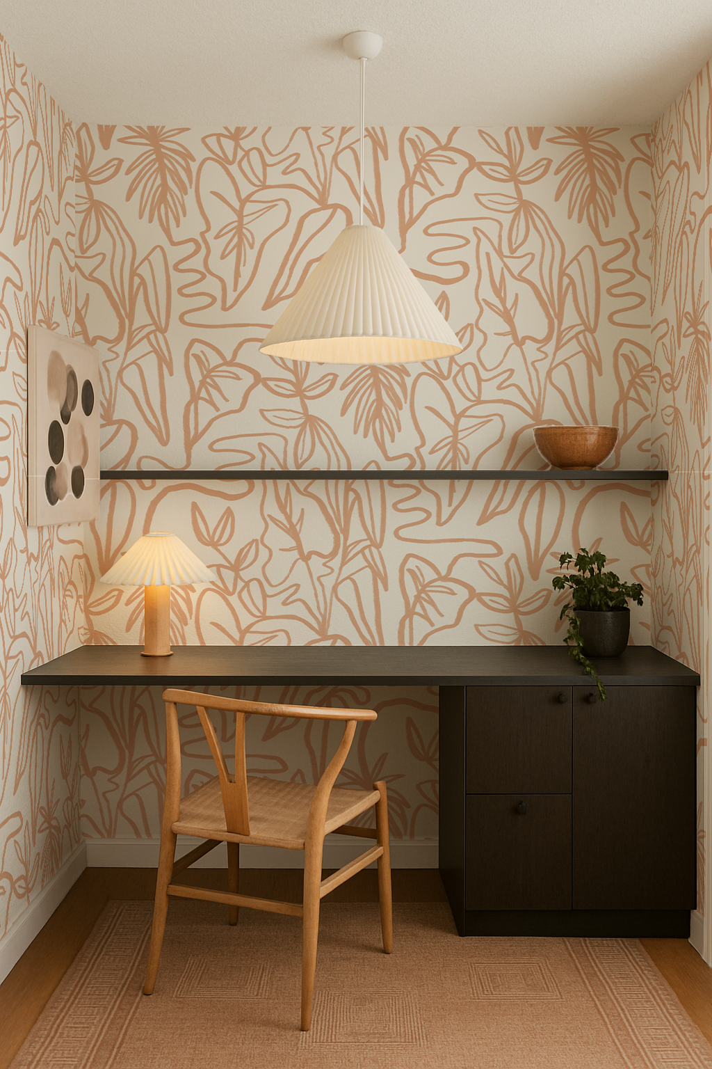 Inked Foliage Wallpaper, white and peach