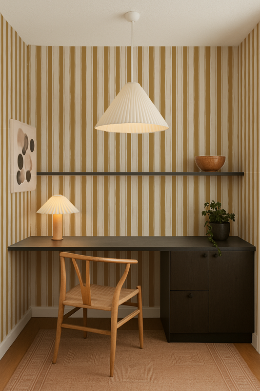 Riviera Stripe Wallpaper, off-white and mustard yellow