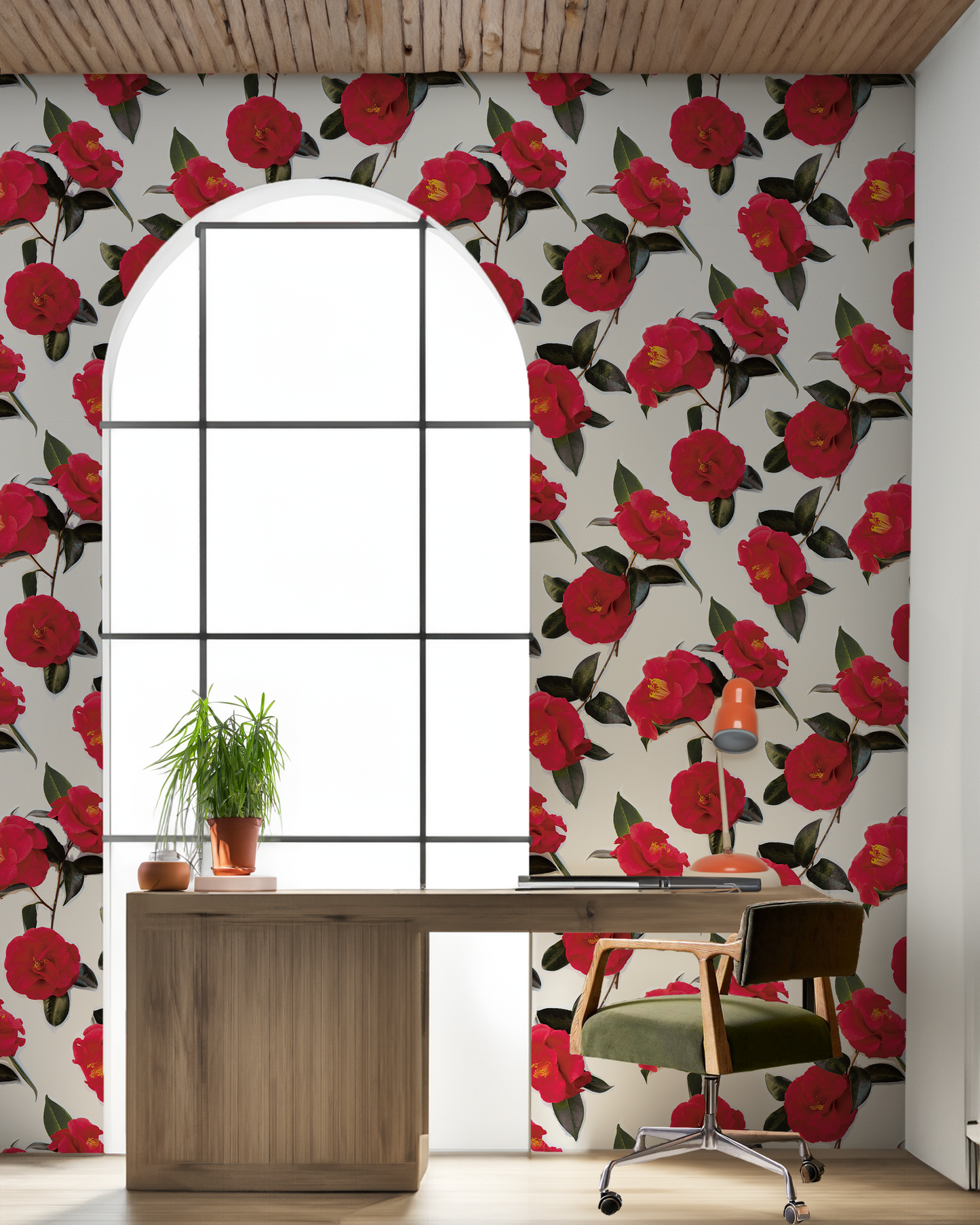 Camellia Wallpaper, white and red