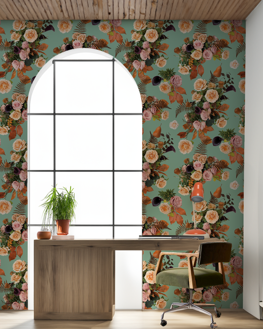 Honey & Poppies Wallpaper, robin egg