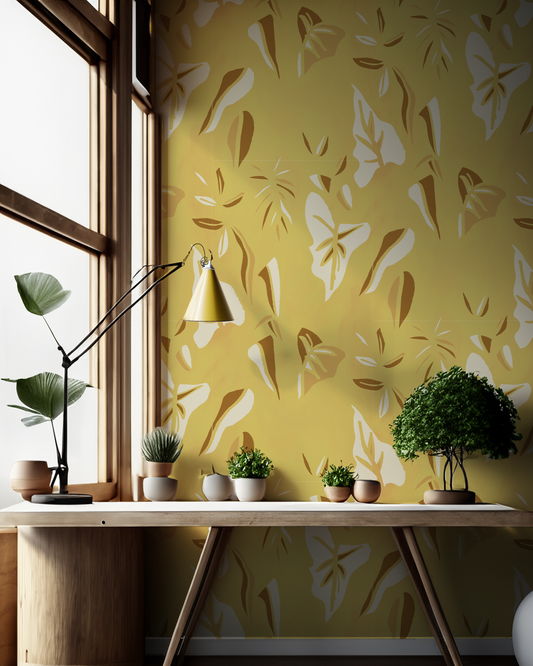 Block Print Foliage Wallpaper, yellow