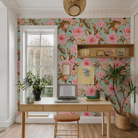 Posh Posy Wallpaper, light blue