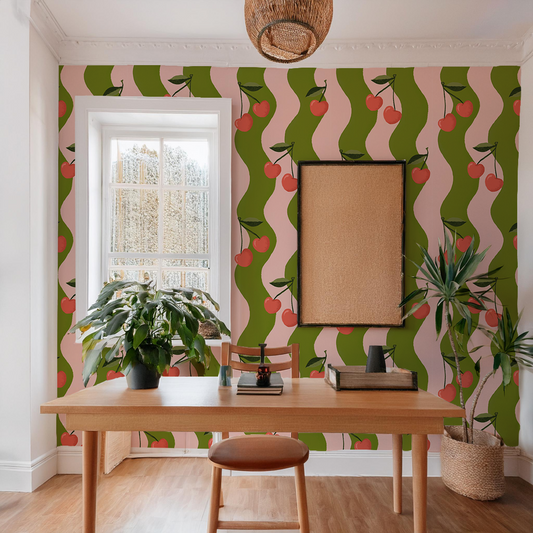 Wavy Cherry Wallpaper, pink & green