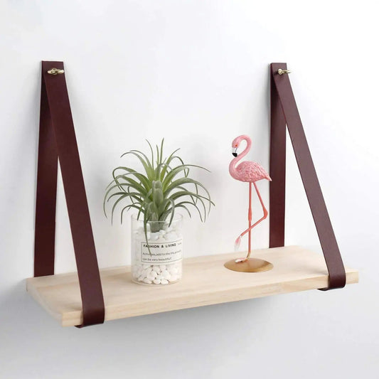 Leather Strap Wood Floating Wall Shelf