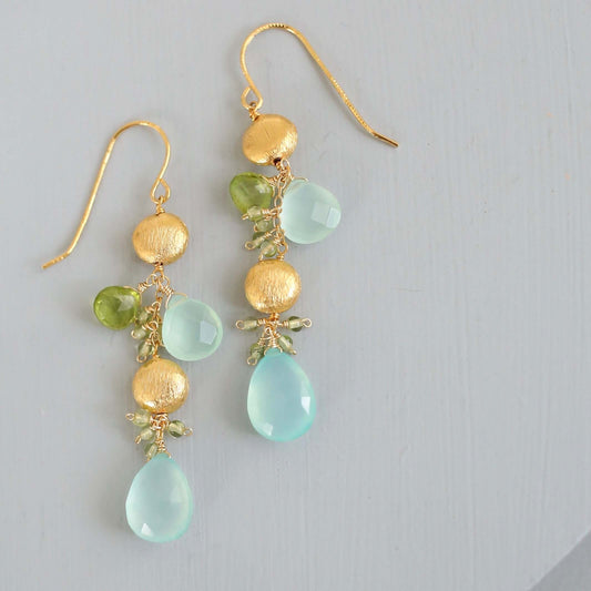 Aqua Chalcedony & Peridot Gold Drop Earrings