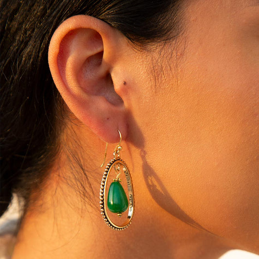 Inline Green Onyx Golden Drop Earrings