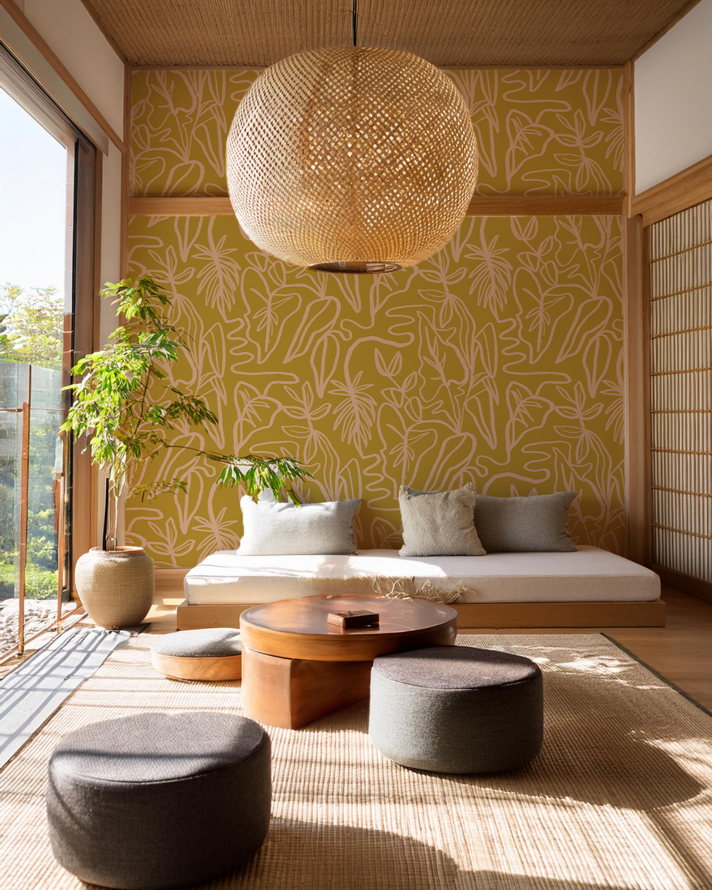 Inked Foliage Wallpaper, mustard and peach