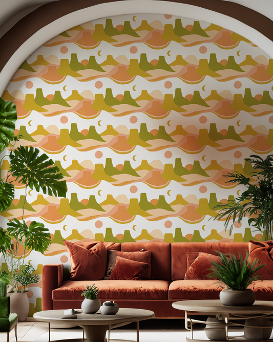 Painted Mesa Wallpaper, olive green and mustard