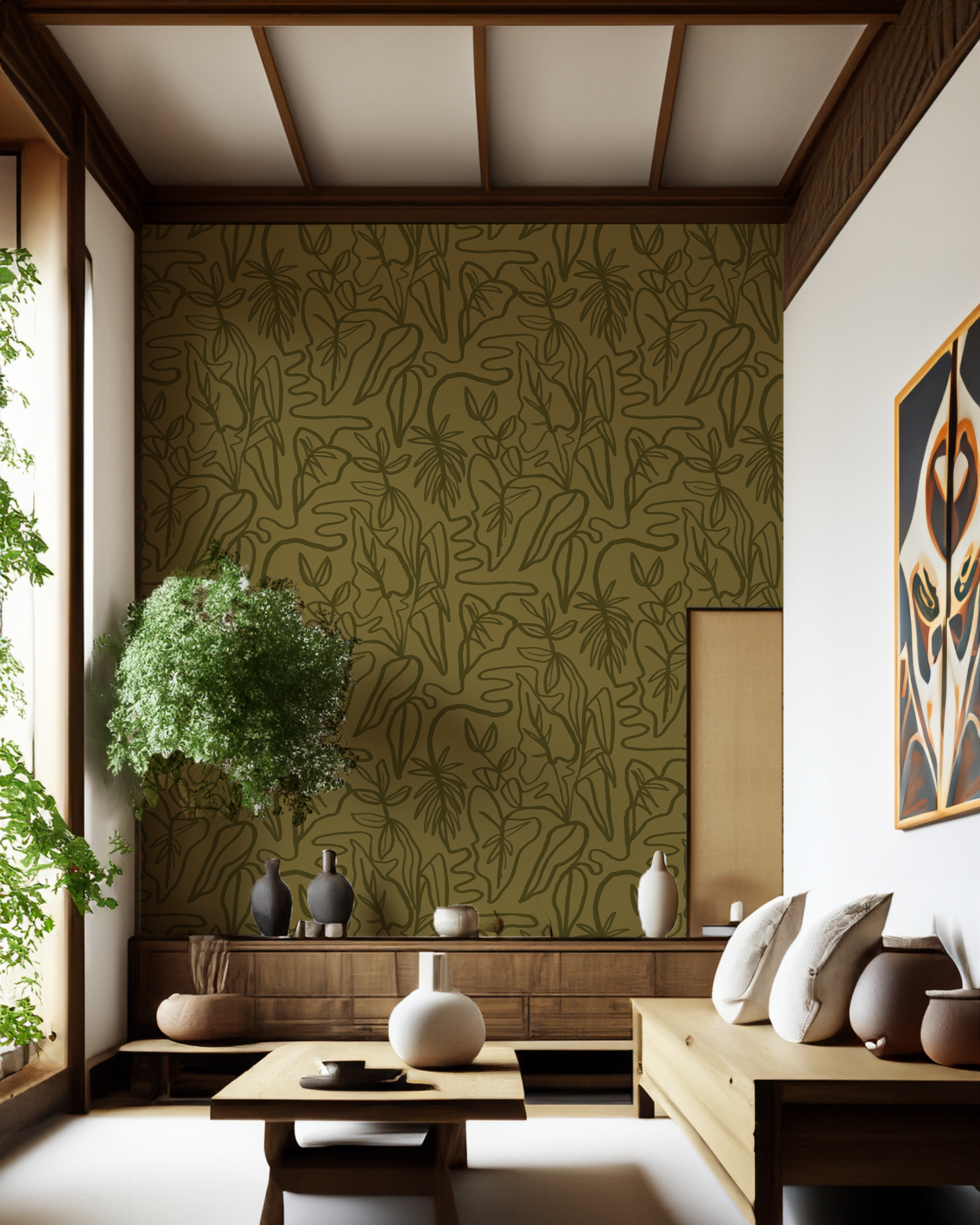 Inked Foliage Wallpaper, olive green