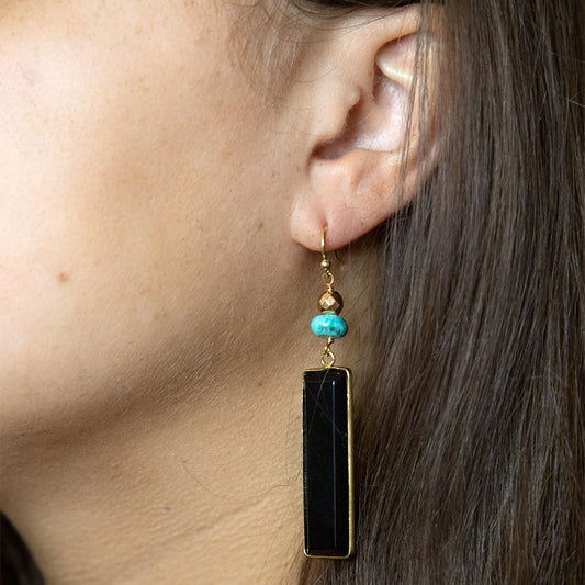 Jett Black Onyx Linear Golden Drop Earrings