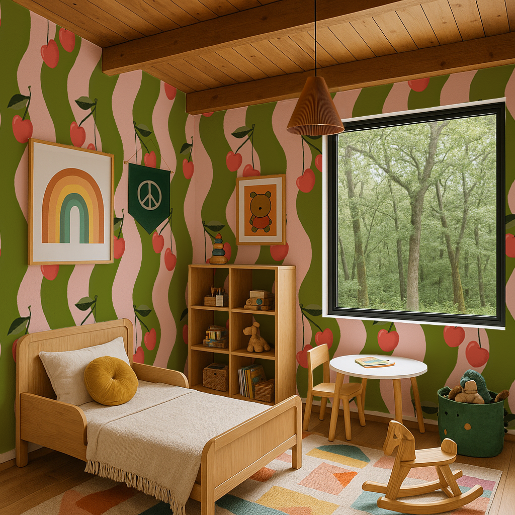 Wavy Cherry Wallpaper, pink & green